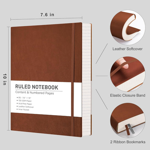 RETTACY Journaling Notebooks 2-Pack - B5 Notebooks College Ruled with 204 Numbered Pages per Pack, for Work, School, Writing, 100 GSM Acid-Free Paper, Leather Softcover, 7.6" × 10" (Black & Brown)