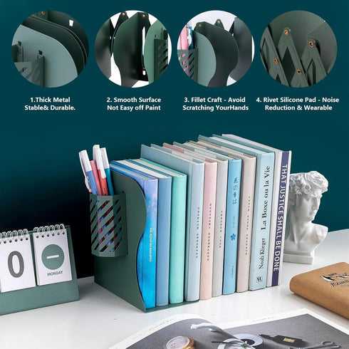 YIRUIDD Adjustable Bookends for Shelves, Metal Bookends for Heavy Books, Book Stopper Organzier with Pen Holder
