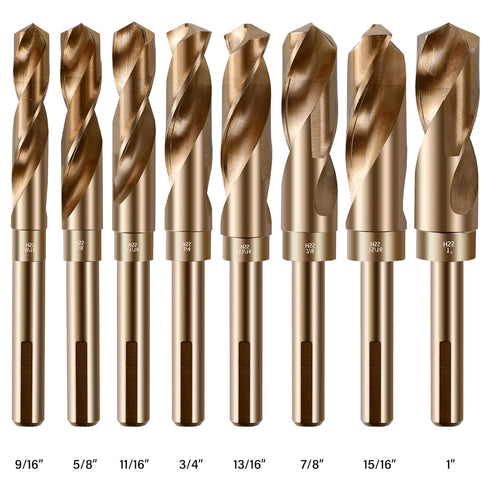Reduced Shank Drill Bit Set, 8Pcs High-Speed Steel, 1/2” Deming Large Drill Bit Set for Home DIY, General Building,
