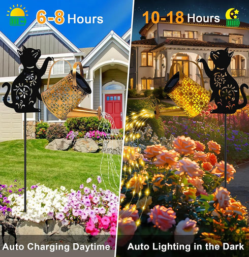 Solar Lights Outdoor Decorative, Watering Can with Cascading Lights, with Cat Silhouette Garden Stakes, Gifts for Mom
