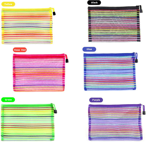 Zipper Mesh Pouch, 6 Pcs 6 Colors 9.8"x 7" Document Bag Storage Pouch for Travel and Office Supplies