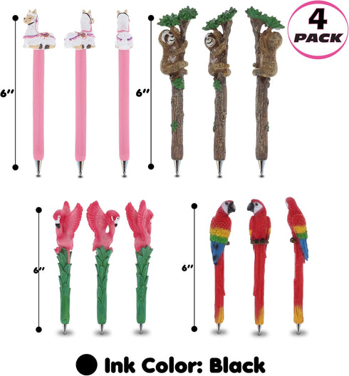 Bundle of Sloth, Llama, Tropical Flamingo, & Red Parrot Novelty Pens - Unique Ballpoint Pens Colorful Tropical Animals Writing Pens For School & Office Decor - 4 Pack by Planet Pens