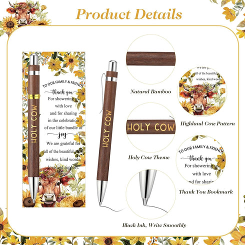 50 Sets 50 50 Spakon Highland Cow Baby Shower Party Gifts Bulk for Guests Include Holy Cow Bamboo Pens Bookmarks