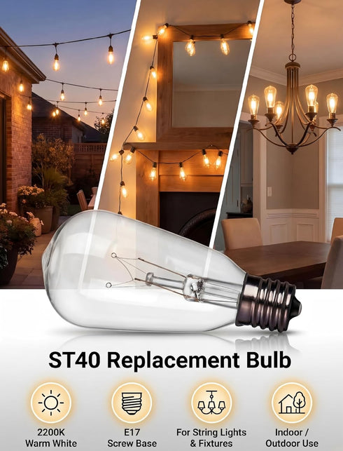 10 Pack ST40 Bulbs 7W E17 Bulbs Replacement for Outdoor String Lights, Intermediate Base Clear Incandescent Edison