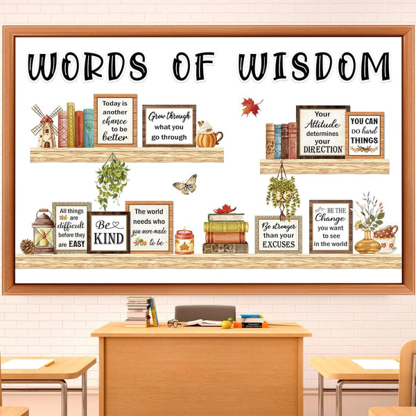 Qilery Bookshelf Bulletin Board Set, Motivational Words of Wisdom Cutouts for Classroom