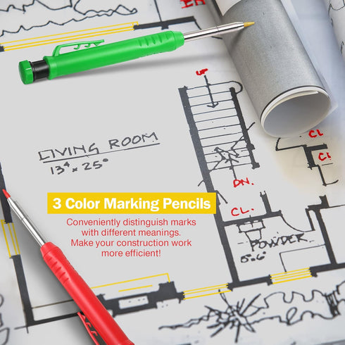 Hiboom 3 Pack Solid Carpenter Pencil with 21 Refill, Long Nosed Mechanical Pencil Marker with Built-in Sharpener,