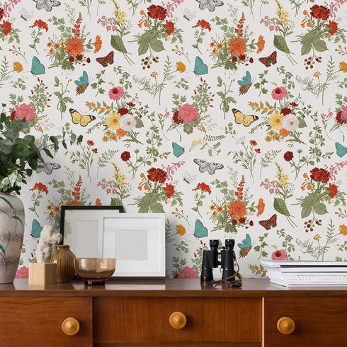 17.7''x354'' VEELIKE Herbs Floral Wallpaper Stick and Peel Vintage Butterflies Marigolds Contact Paper for Walls