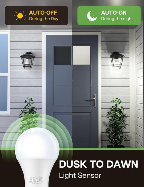 Bulb, 5000K, A19 13W(100 1200LM, 2 Pack Dusk to Dawn Sensor LED Outdoor Light Daylight White Watt Equivalent) Bright