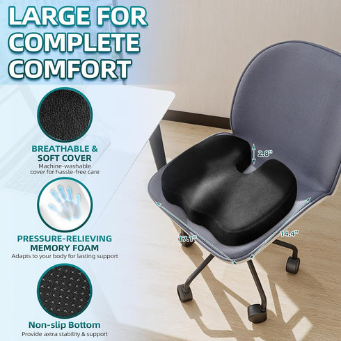 Ecosafeter Seat Cushion for Office Chair Memory Foam Coccyx Pain Relief Cushion Pillow for Back Support Non-Slip Seat