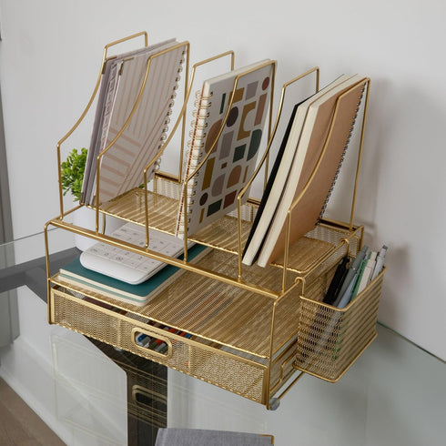 Martha Stewart Ryder Gold Mesh Metal Large Desktop Organizer - Paper File Letter Holder with Drawer