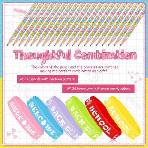 Sabary 48 Pcs Welcome Back to School Pencils, Rubber Bracelets, School Party Favors for Kids