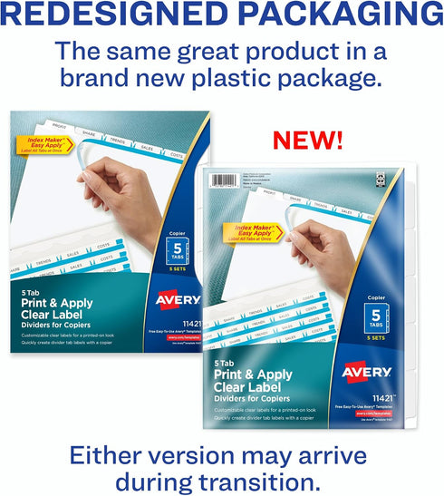 5-Tab 5 Sets (11421) Avery Binder Dividers, Easy Peel Clear Labels for Copiers, Index Maker, White Tabs