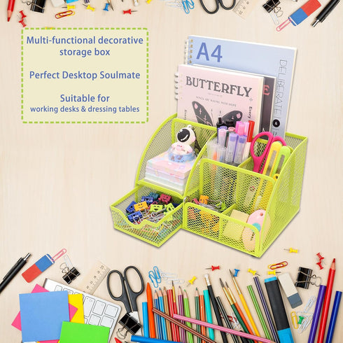Boutilon Mesh Desk Organizer with 6 Compartments and 1 Drawer, Multi-Functional Caddy Pen Holder for Home Office School