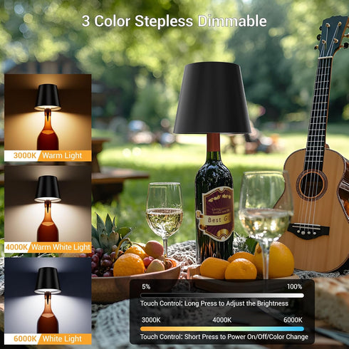 3 Dimming 1 Pack) Wireless Bottle Lamp Shade - Portable LED Wine Bottle Lamp with Stopper, Color Stepless Rechargeable
