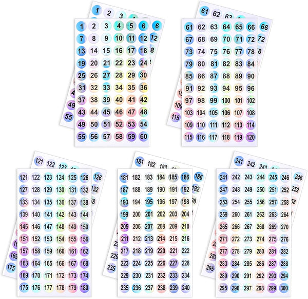 1-300 Number Stickers: 10 Sheets Self Adhesive Label Stickers, Waterproof Round Stickers, Reflective Laser Number