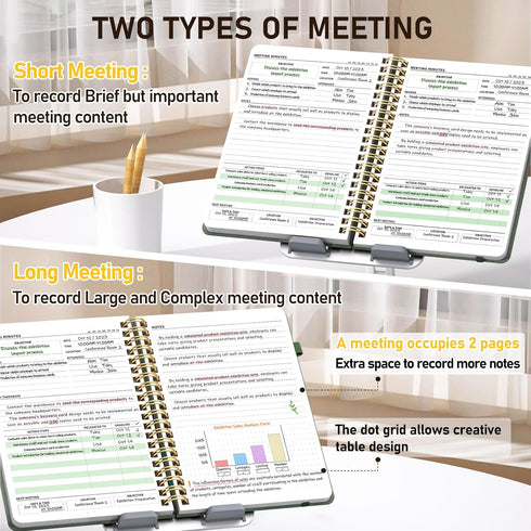 WEMATE Simplified Meeting Notebook for Work with Action Items 200 Pages, Office Supplies for Project Planner, PU Leather Hardcover Meeting Notes Notebook for Work, B5 (10" × 7") - Olive Green by WEMATE