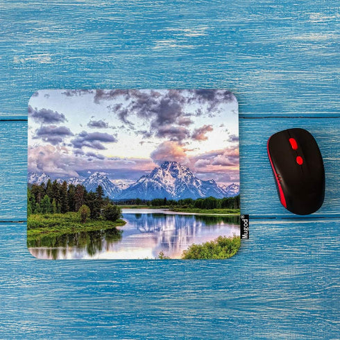 Mountain Nature Mouse Pad Grand Snowy Mountains Lake Tree Landscape Green Blue Mouse Mat Non-slip Rubber Base Mousepad for Computer Laptop PC Gaming Working Office & Home 9.5x7.9 Inch