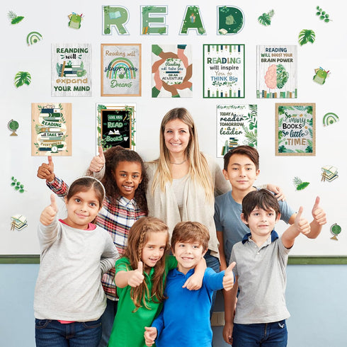 Hedeey 45 PCS Reading Bulletin Board Set - Eucalyptus Classroom Decorations with Motivational Positive Sayings Posters