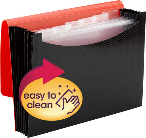 Smead Poly Expanding File, 6 Dividers, Flap and Cord Closure, Letter Size, Wave Pattern Red/Black