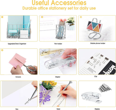 Silver Desk Organizers and Accessories Set, Stapler, Pen Holder, Phone Holder, and Office Supplies