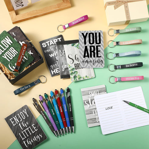 PerKoop 48 Pcs Inspirational Gifts Set, Bulk Motivational Notepads, Ballpoint Pens, Keychains for Teachers and Parties