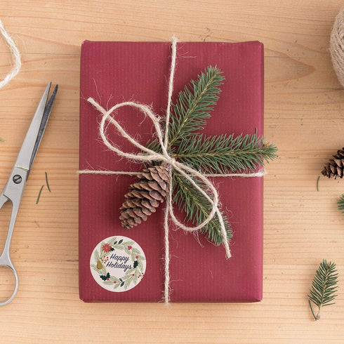 Ivory Holiday Floral Happy Holidays Stickers, 1000 White Wreath Christmas Labels Roll, 1.5" Round Seals