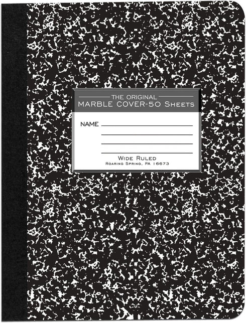 Roaring Spring Composition Notebook - Wide Ruled, 50 Sheets, Black Marble Covers, Made in USA