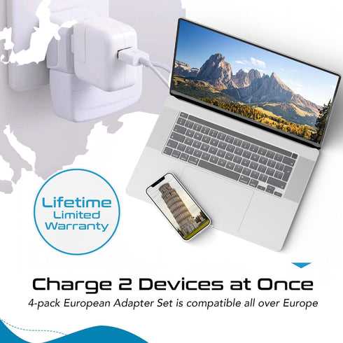 Ceptics European Plug Adapter 4 Pack Set - USA to Europe, Italy, Germany, England, Spain, Iceland, France (Type C, E/F,