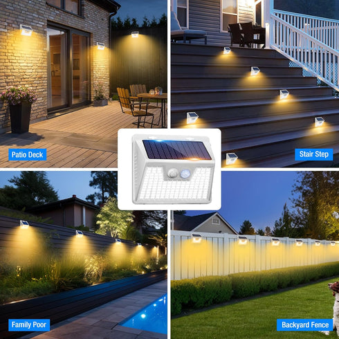 4Pack 140LED 3 Peasur Solar Lights Outdoor Motion Sensor Waterproof, White Solar Powered Fence Lights, Modes Security