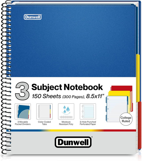 Dunwell 3-Subject Notebook - College Ruled 8.5 x 11 (Blue), 150 Sheets (300 Pages), Spiral Notebook with Tabs and