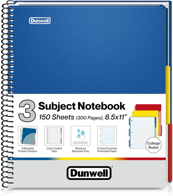 Dunwell 3-Subject Notebook - College Ruled 8.5 x 11 (Blue), 150 Sheets (300 Pages), Spiral Notebook with Tabs and