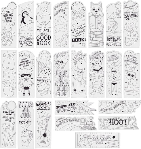 Juvale 24-Pack DIY Bookmarks for Kids & Students - Color Your Own Bookmark Kit with Book Worm Designs for Reading,
