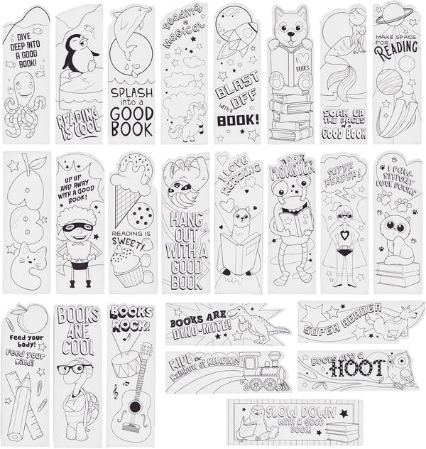 Juvale 24-Pack DIY Bookmarks for Kids & Students - Color Your Own Bookmark Kit with Book Worm Designs for Reading,