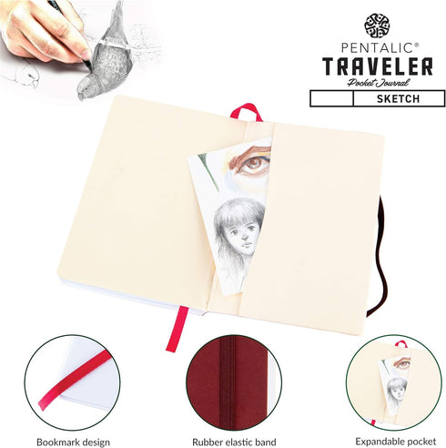 Pentalic 4" x 6" Pocket Sketchbook Traveler Journal, 160 Pages, Burgundy