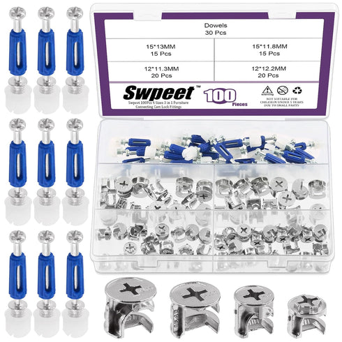 Swpeet 100Pcs 4 Sizes 3 in 1 Furniture Connecting Cam Lock Eccentric Wheels with Blue Dowel Pre-Inserted Bolts