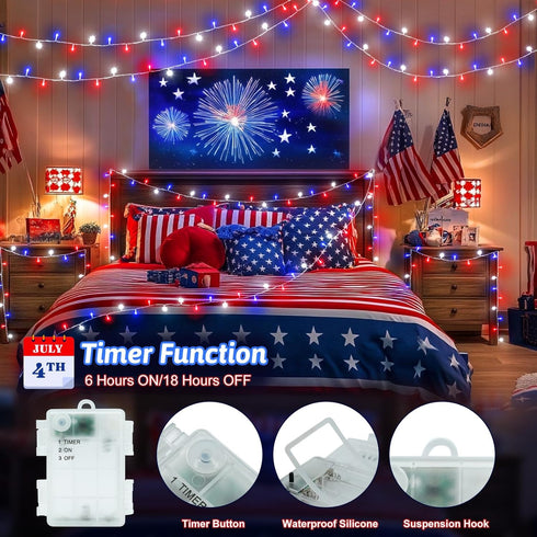 FFZZKJ 4th 100 33ft 2-Pack Red White and Blue Lights String for of July Decorations Outdoor Total LED for Memorial Day