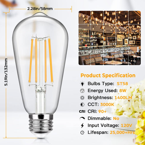 4-Pack Vintage LED Edison Bulbs 100W Equivalent 1400LM High Brightness 8W ST58 LED Filament Light Bulbs 3000K Warm White E26 Medium Base CRI90+ Antique Clear Glass for Home Dinning Room, Non-dimmable by Sucolite