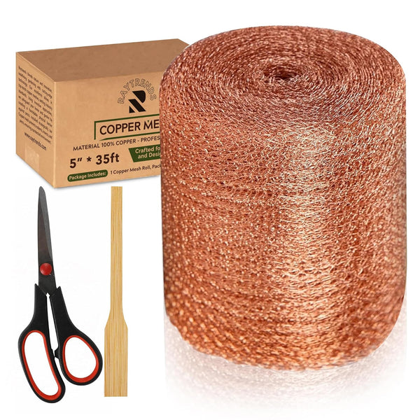 Copper Mesh Rodent Control Kit, 5 Inch x 35ft Rustproof Copper Wool Blend, DIY Hole Filler with Precision Scissors and
