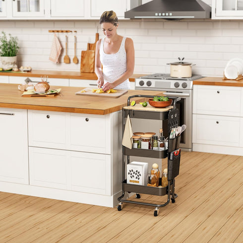 DTK 3 Tier Metal Utility Rolling Cart with Table Top, Side Bags, Tray Storage Organizer on Wheels for Kitchen, Office
