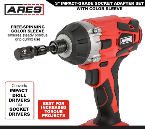 ARES 22011-3-Piece 3-Inch Impact Grade Socket Adapter Set with Color Sleeve for Power Drill Nut Driver