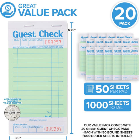(20 Pack) 1000 Stock Your Home Green Guest Check Books for Servers Server Note Pads, Waiter Checkbook, Food Receipt