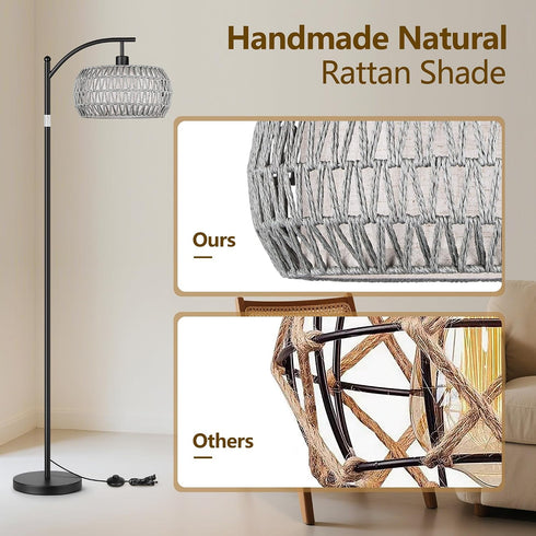 9W Bulb, Rattan Floor Lamps for Living Room, Boho Standing Lamps with Grey Rattan& Linen Double Shades, Arc Lamps Floor