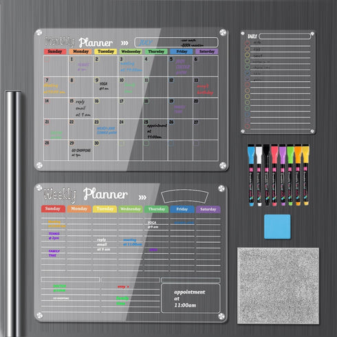 Hivillexun 3-Pack Acrylic Magnetic Dry Erase Calendar Whiteboard Set, Includes Markers, Eraser, and Cloth