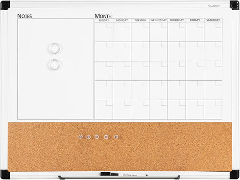 VUSIGN Monthly Calendar Whiteboard Cork Board Combo, 18" x 24", Planning Board with Silver Aluminium Frame