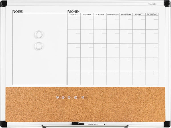 VUSIGN Monthly Calendar Whiteboard Cork Board Combo, 18" x 24", Planning Board with Silver Aluminium Frame