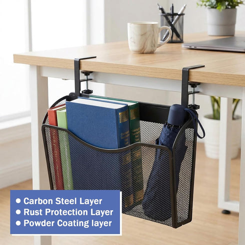 kenaeooe Under Desk Drawer Clamp On Mesh Metal Desk Side Storage Hanging Organizer with Adjustable F-Clamp for Office