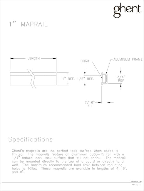 Ghent 4-Feet Length Aluminum 1-Inch Maprail with Cork Insert, 1 per Carton (MR4-1)