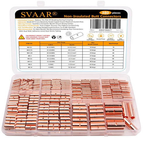 380PCS Non Insulated Butt Connectors Kits, Pure Copper Butt Splice Connectors for 26-6 Gauge Wire Electrical Crimp