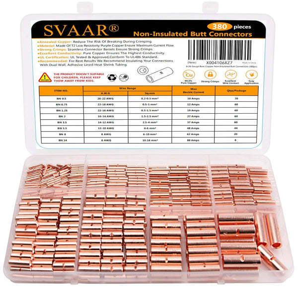 380PCS Non Insulated Butt Connectors Kits, Pure Copper Butt Splice Connectors for 26-6 Gauge Wire Electrical Crimp
