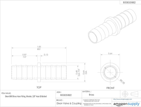 Dixon BM3 Brass Hose Fitting, Mender, 3/8" Hose ID Barbed